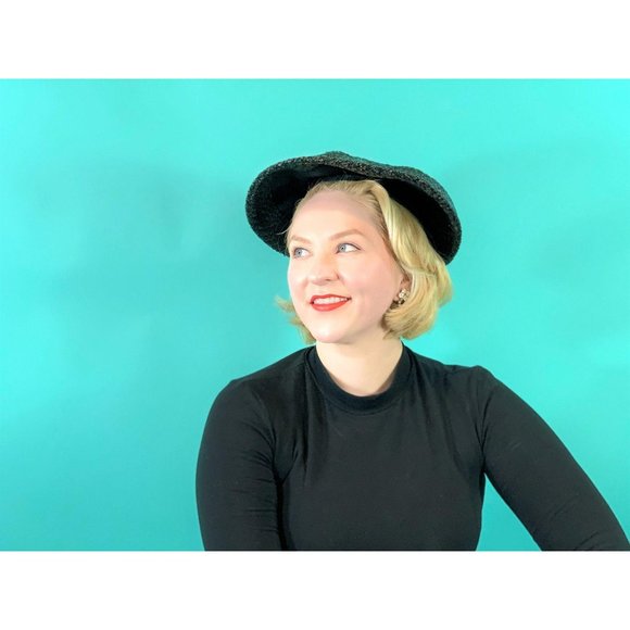 Vintage 1950s Wicker Hat Womens Large Black Sun Velvet Detail - Picture 3 of 11